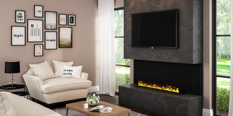 A contemporary living room with a Dimplex Opti-Myst electric fireplace installed under a TV. 